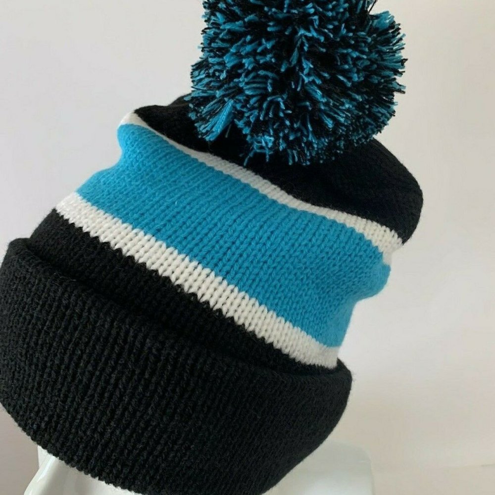 Blue Black Ski Toboggan Beanie Pom Hat